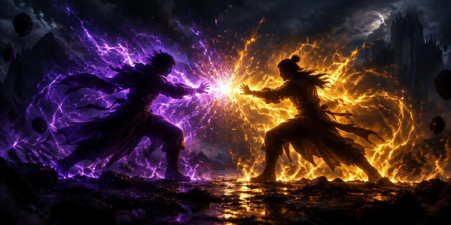 Dos personas enfrentadas en una batalla de aura, rodeadas de energía violeta y dorada